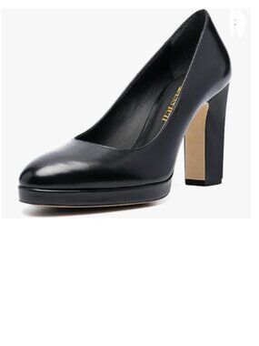 miss left Black Platform Almond Toe Pumps Classic Slip On Block High Heel Shoe